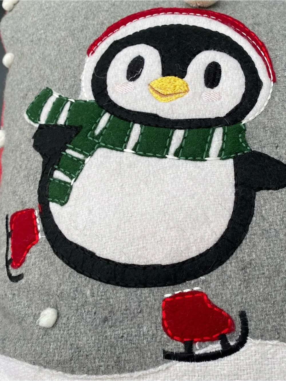 Penguins Skating Holiday Appliqué Pillow Cover, Gray,White,Red,Green 20x20